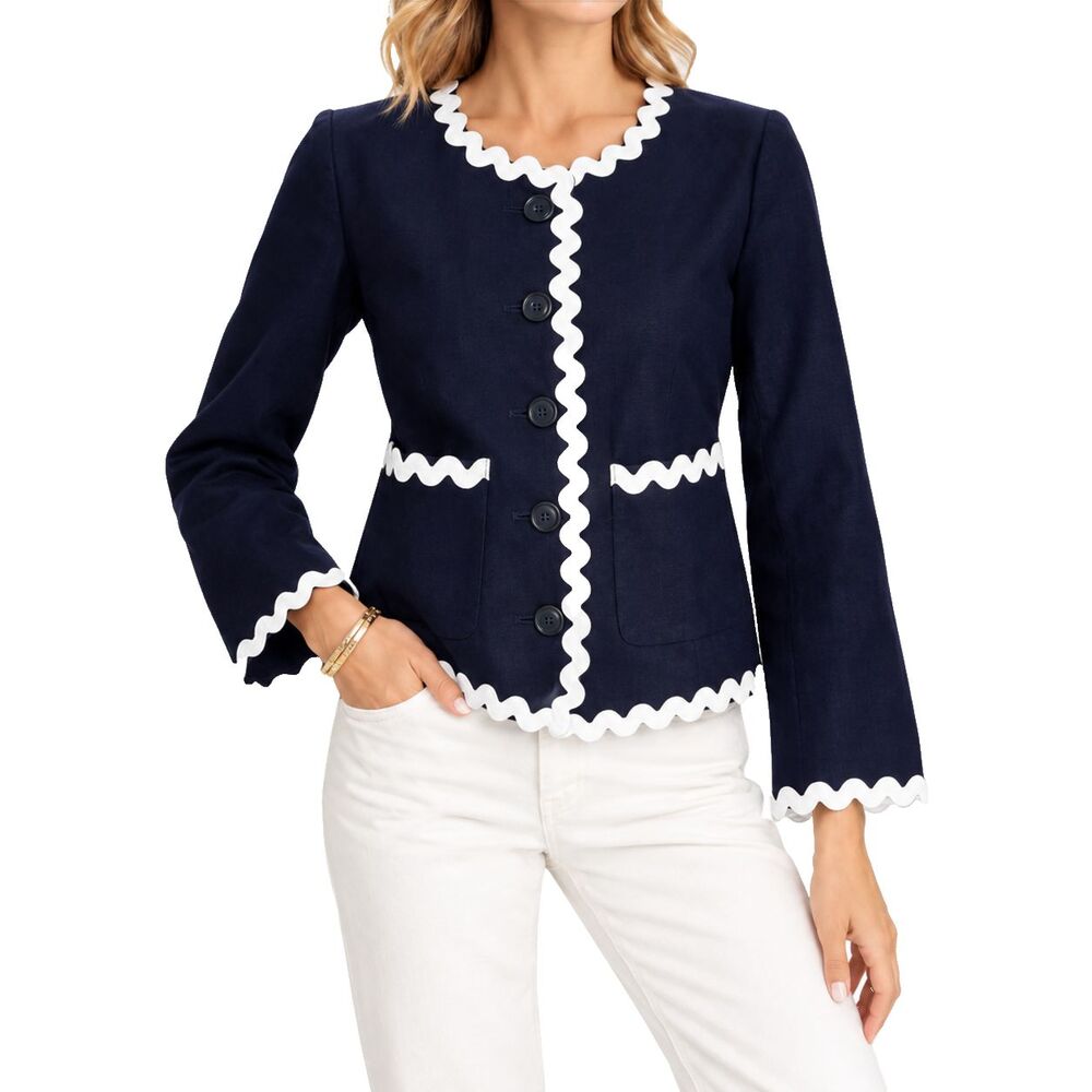 J.Crew Womens 6 Navy Blue Linen Cotton Cropped Blazer Jacket White Rickrack Trim